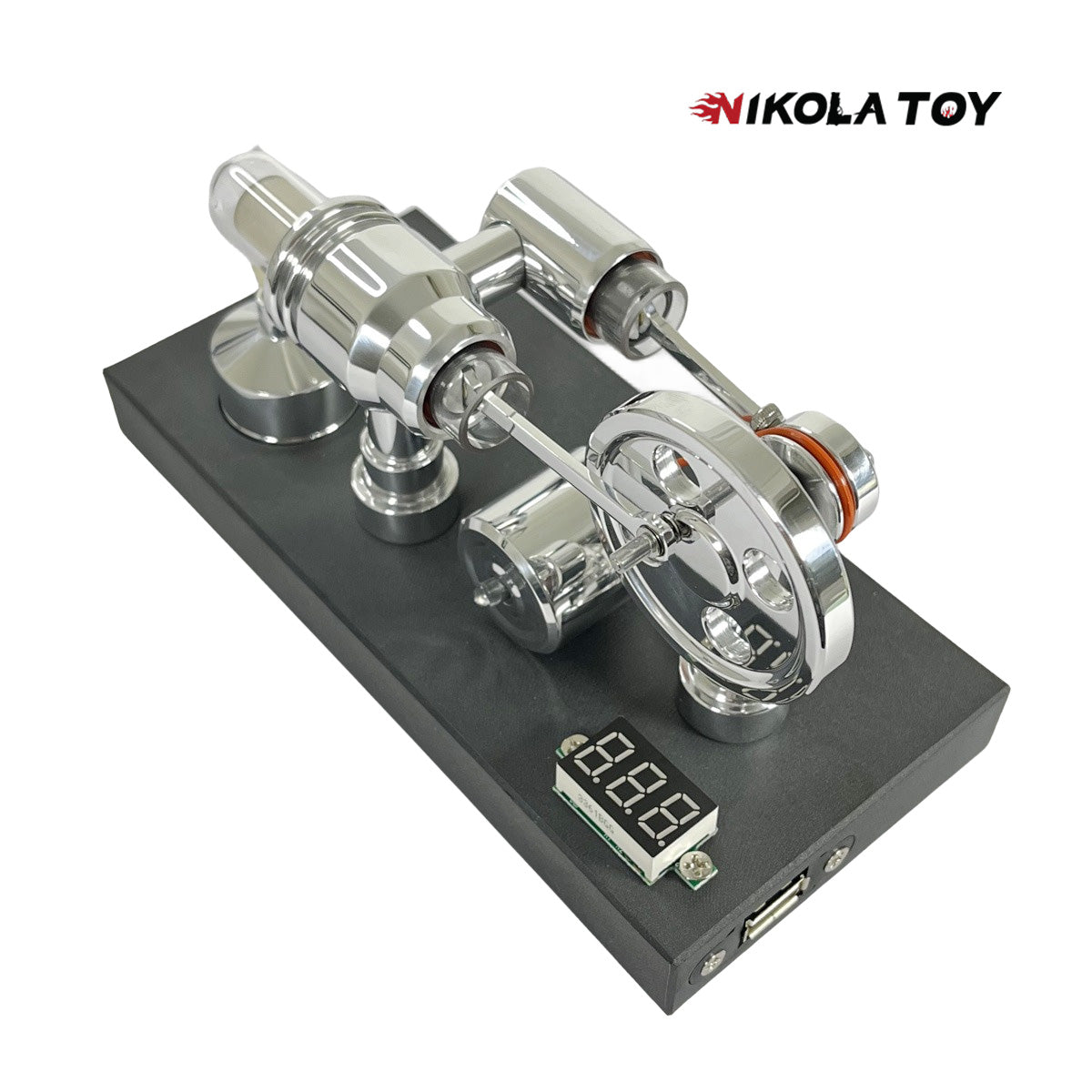 Mirror Polished Stirling Engine With Embedded Voltmeter And USB Plug